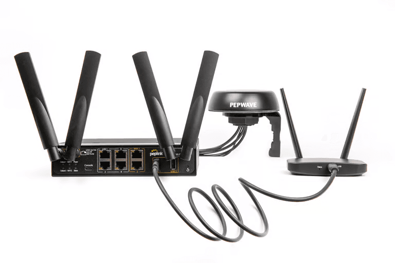 MBX Mini 5G router rear panel showing ethernet ports, USB ports, and power connections