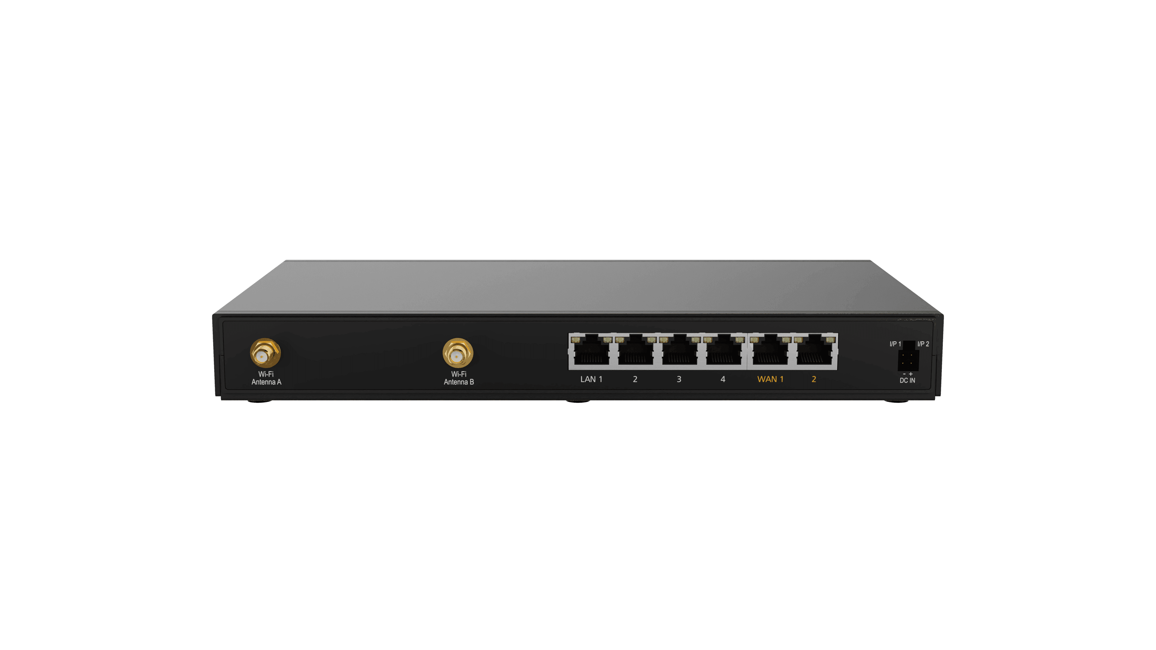 Peplink B One router, rear view with Wi-Fi antenna connectors, four LAN and two WAN ports