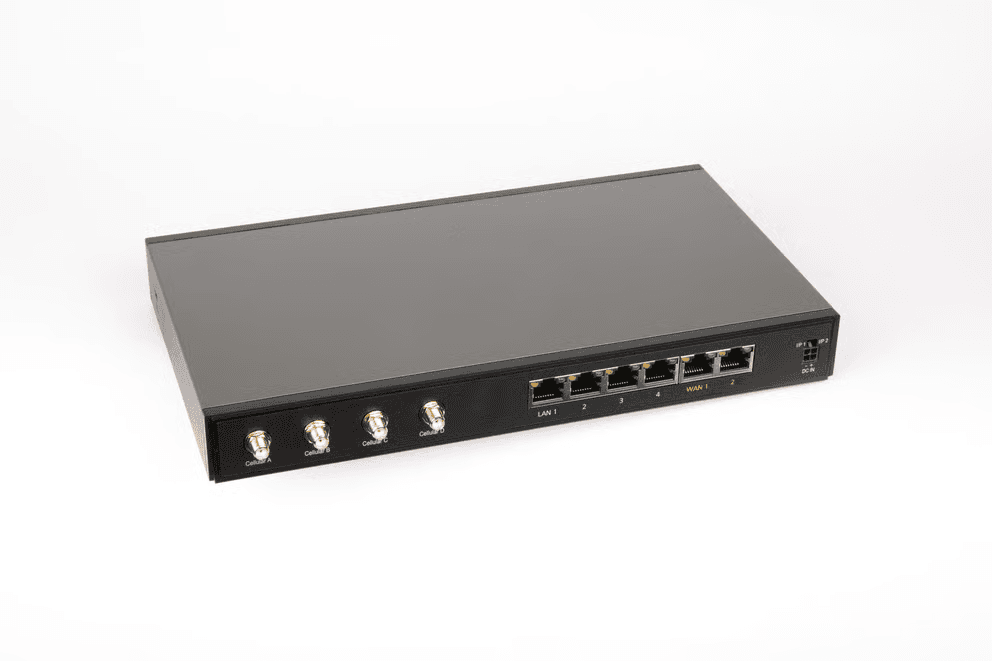 Peplink B One 5G router, rear angled view with cellular antenna connectors, LAN and WAN ports