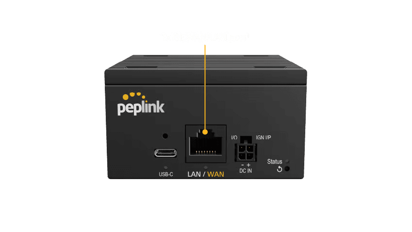 Peplink MAX BR2 Micro, front view showing Ethernet, USB-C, and power ports