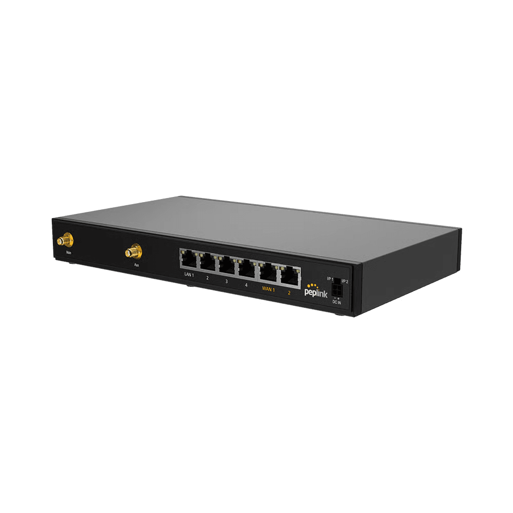 B One Plus router rear view displaying WAN ports, LAN ports, USB-C port, power input, and SIM card slots