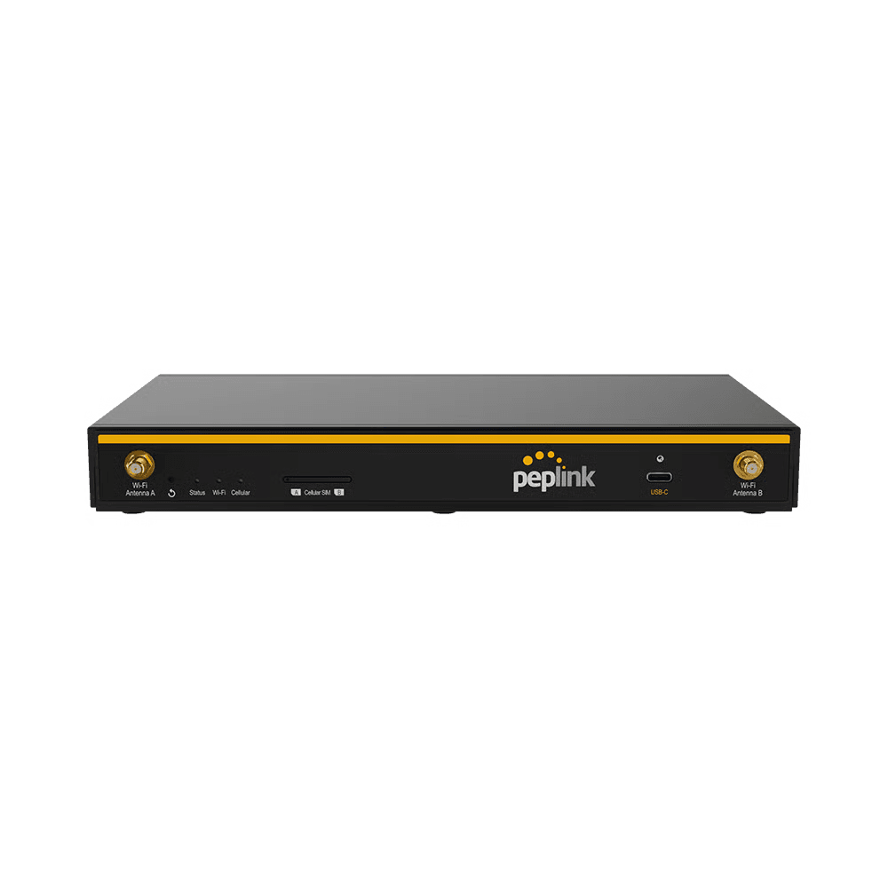 B One Plus router front view showing LED indicators, antennas, and design details