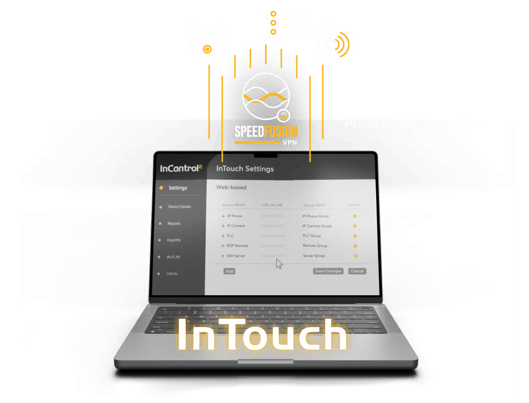 Illustration of secure private tunnel connection enabling remote device access through SpeedFusion network