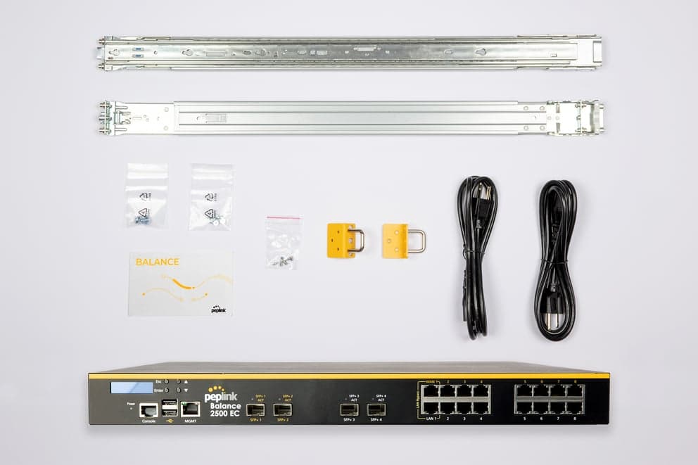 Balance 2500 EC package contents: router, rack rails, brackets, and power cords
