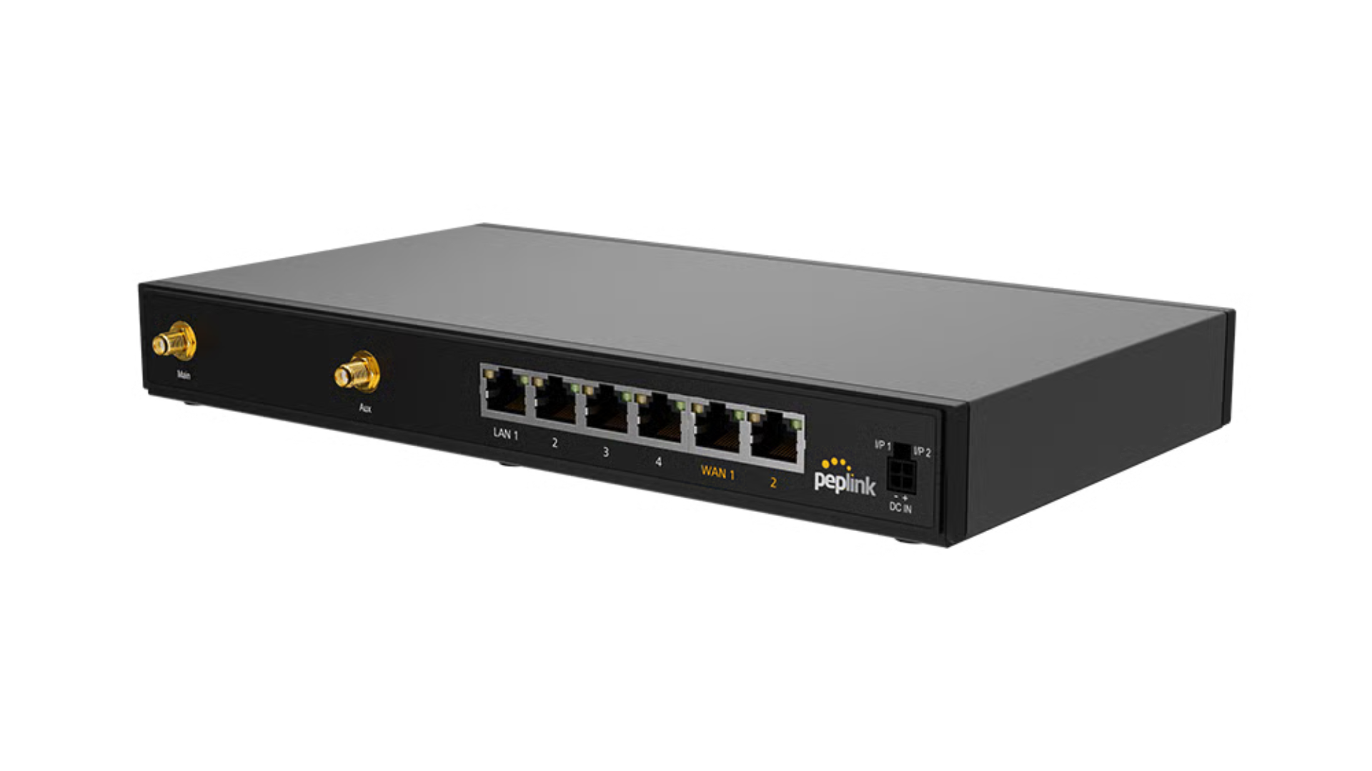 B One Plus router rear view displaying WAN ports, LAN ports, USB-C port, power input, and SIM card slots