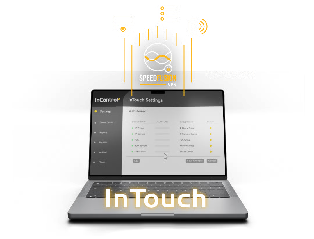Illustration of secure private tunnel connection enabling remote device access through SpeedFusion network